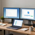 Download WPS Office on a sleek laptop in a modern home office workspace, featuring ergonomic chair and dual monitors displaying the software interface.
