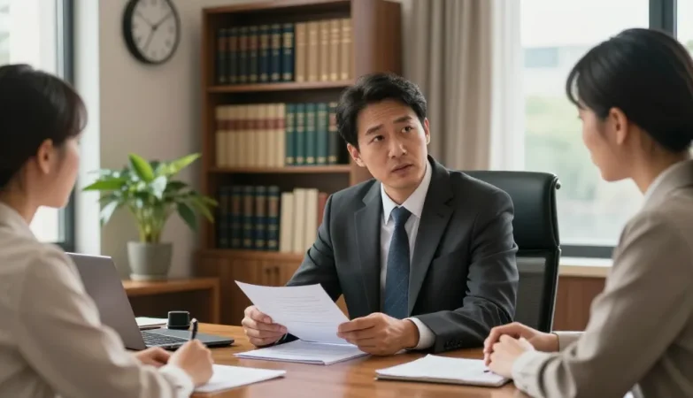 Lawyer consulting with client in professional setting, continue reading this for insights on legal matters.